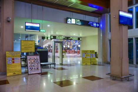 Airport security checkpoint with a security scanner.