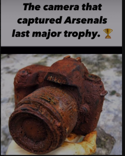 Rust-covered camera that photographed Arsenal's last major trophy.