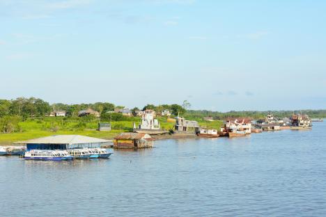 Boats docked along the Itaya River in Iquitos, Peru.