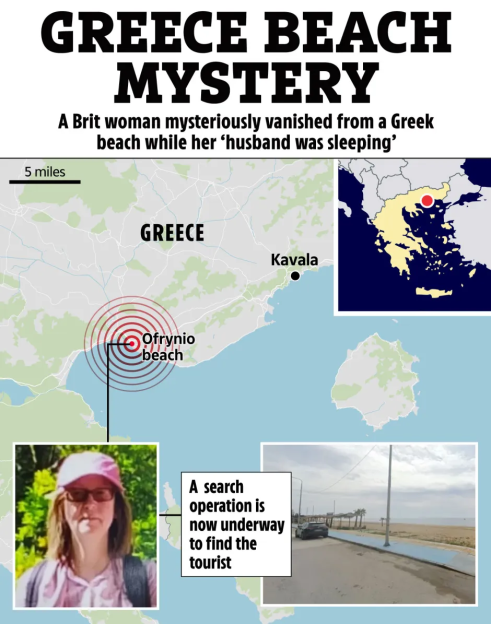 Collage showing a map of Greece highlighting Ofrynio beach where a British woman disappeared, her photo, and a photo of the beach.