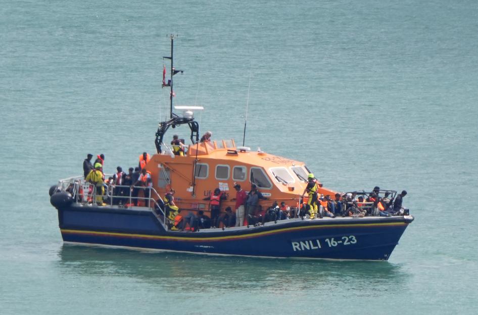 Migrants rescued at sea aboard an RNLI lifeboat.
