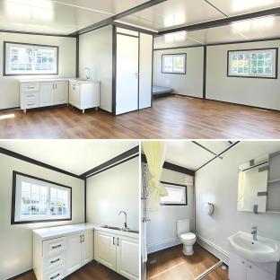 Collage of a tiny home's interior, showing the kitchen, living area, and bathroom.