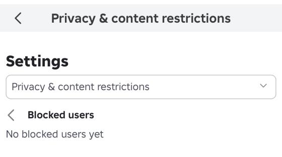 Roblox settings menu showing privacy and content restrictions and blocked users.