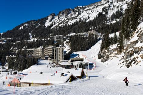 Ski resort nestled in a snowy mountainside.
