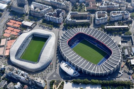 Aerial view of the Parc des Princes and Jean Bouin stadiums in Paris.