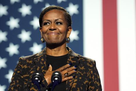 Michelle Obama speaking at a campaign rally.