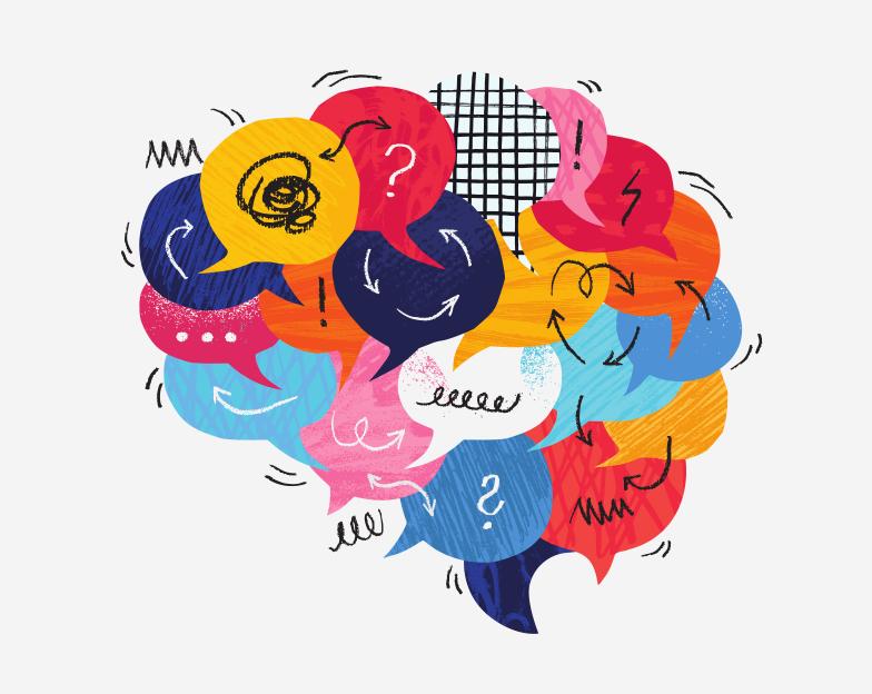 Illustration of overthinking: a brain-shaped cluster of colorful speech bubbles with arrows and question marks.