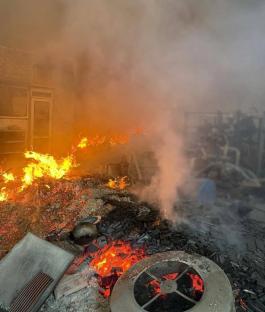 Fire at a Ukrainian factory following a Russian attack.