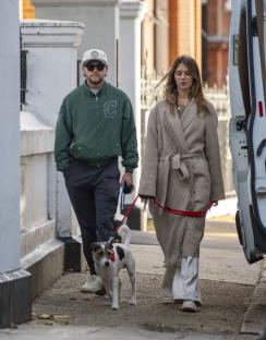 Niall Horan and Amelia Woolley walking a dog.