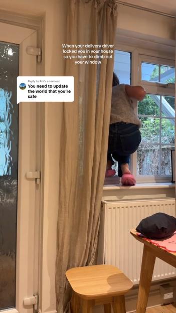 A woman climbing out of a window because a delivery driver jammed a parcel under the door handle, with text overlay "When your delivery driver locked you in your house so you have to climb out your window" and a comment saying "You need to update the world that you're safe".