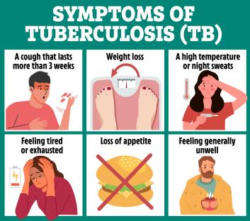 Illustration of tuberculosis symptoms: persistent cough, weight loss, fever/night sweats, fatigue, appetite loss, and general malaise.