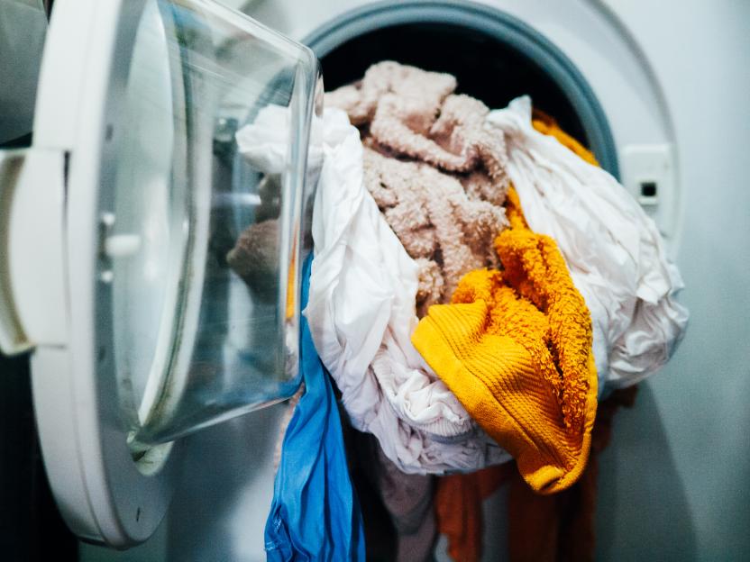 Clothes in a washing machine.