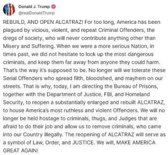 Screenshot of a tweet by Donald J. Trump advocating for the reopening of Alcatraz prison.