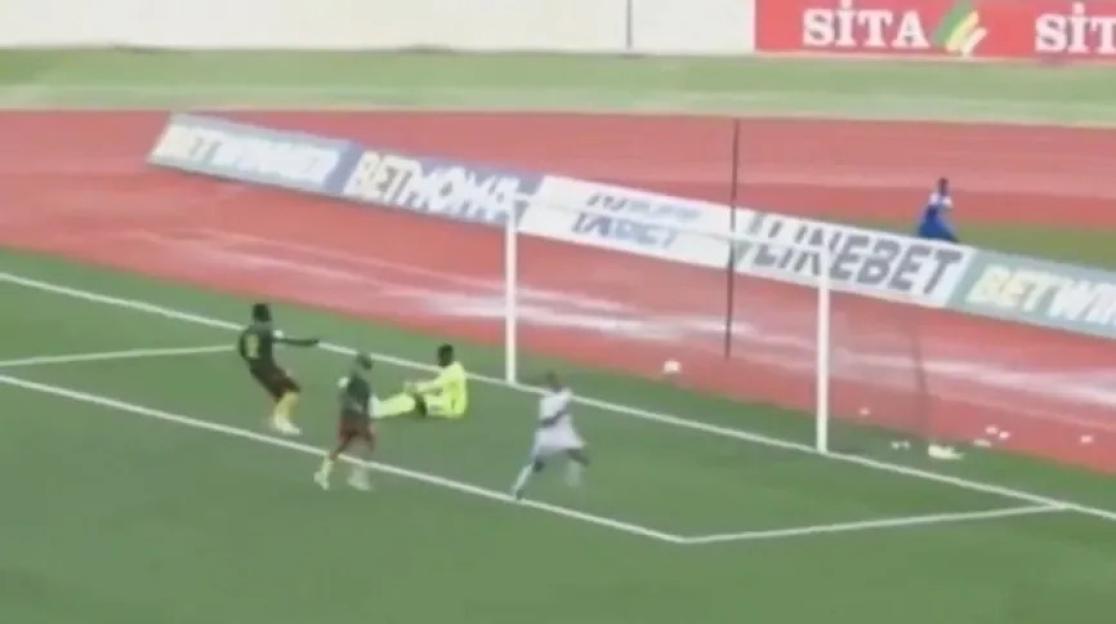 Soccer players near the goal during a game.