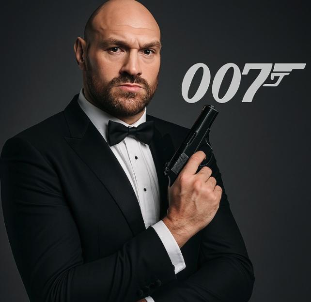 Tyson Fury as James Bond, holding a gun.