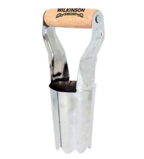 Stainless steel bulb planter with wooden handle.