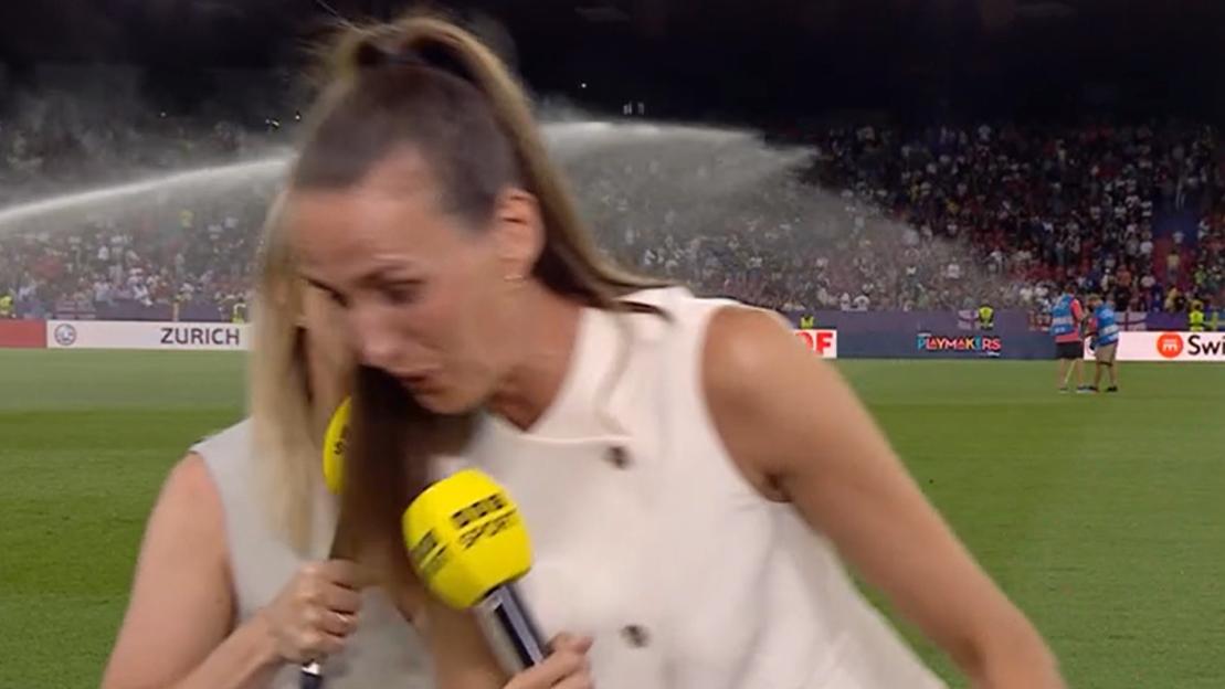 BBC host and Jill Scott forced to run off screen live on air as Gabby Logan left grimacing during Lionesses vs Sweden