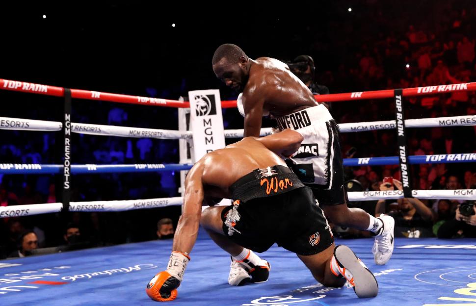 Terence Crawford knocking down Shawn Porter in a welterweight title fight.
