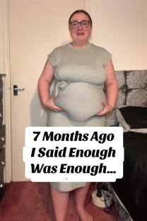 Woman showing her weight loss progress over seven months.