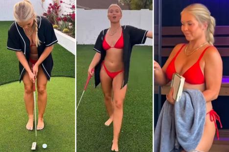 Pro golfer strips down to bikini to give guided tour of dream garden as she relaxes in sauna and hot tub