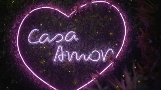 Neon sign in a heart shape on a green wall that says