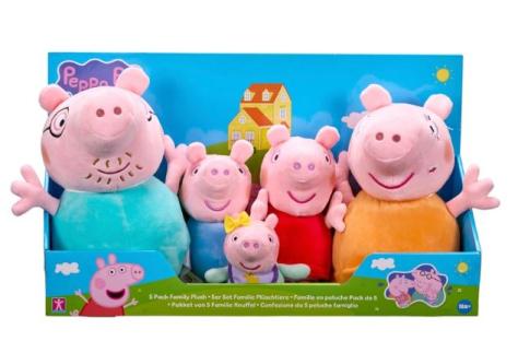 Five Peppa Pig family plush toys in a box.