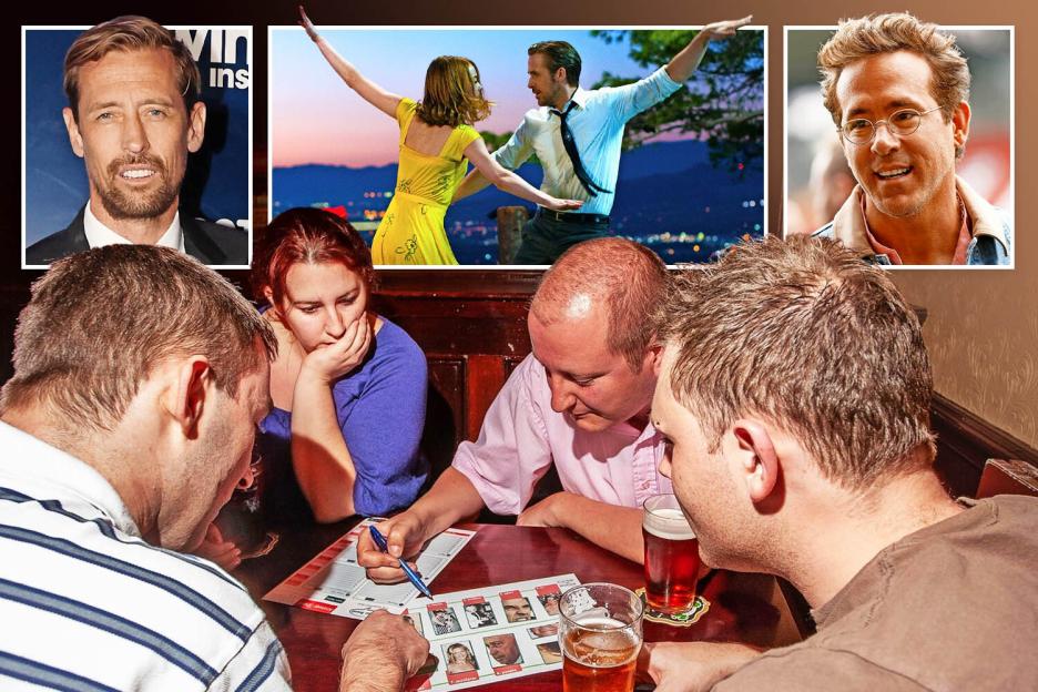 Collage of people playing a celebrity quiz in a pub.