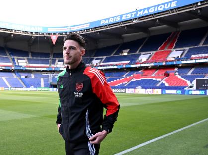 Declan Rice at an Arsenal press conference at the Parc des Princes.