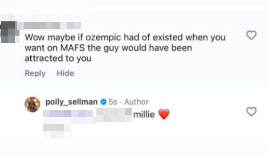 A social media screenshot shows a comment about Ozempic and a reply from Polly Sellman.