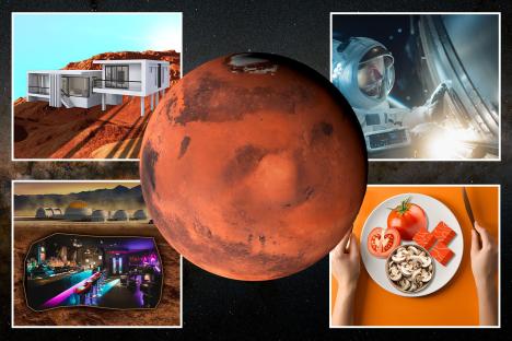 A day in the life of a future Mars colonist…dining on lab-grown meat, magic mushrooms to relax & robot as your best pal