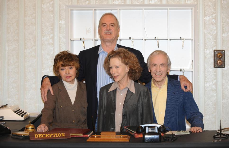 Actors Prunella Scales, John Cleese, Connie Booth, and Andrew Sachs promoting Fawlty Towers specials.