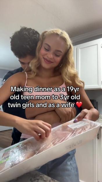 A 19-year-old mother and wife preparing dinner.