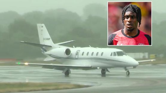 Jeremie Frimpong lands in UK on private jet with Bayer Leverkusen star to complete £30m Liverpool transfer