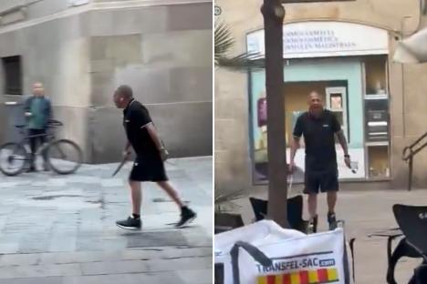 Chilling moment man runs through Barcelona with huge knife as tourists flee down narrow street