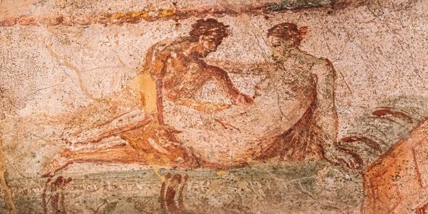 Pompeii, Italy. Fresco Sex Scene On Wall Of Lupanar Of Pompeii.