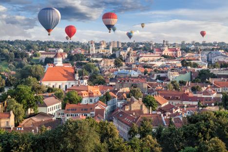 Hot air balloons over Vilnius, Lithuania.