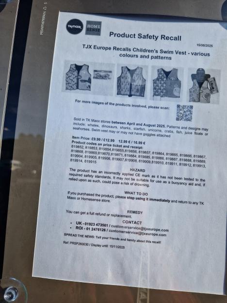 Product Safety Recall notice for children's swim vests from TK Maxx.