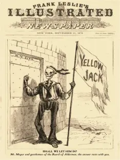 Illustration of a skeleton holding a "Yellow Jack" flag, asking "Shall We Let Him In?" from Frank Leslie's Illustrated Newspaper.