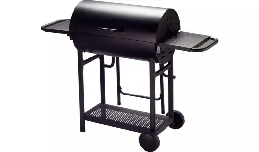 Black charcoal BBQ with rotisserie and side shelves on wheels.