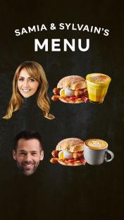 Illustration of Samia and Sylvain's menu featuring breakfast sandwiches and coffee drinks.