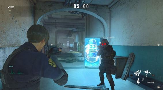 Screenshot from Resident Evil showing two characters in a hallway, one near a cold drinks vending machine.