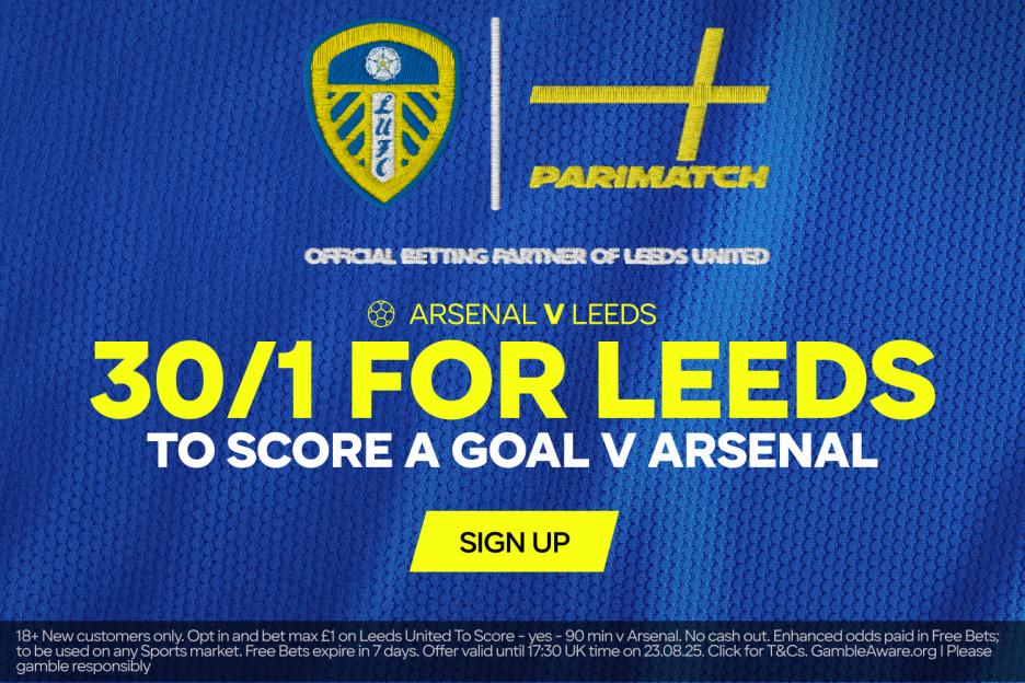 30/1 odds for Leeds to score a goal against Arsenal.