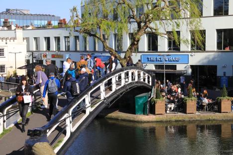 T46F8F Looking across the Regents Canal by Camden Lock, in spring sunshine, in north London, UK