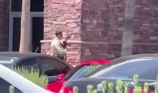 Police officer with rifle standing near parked cars.