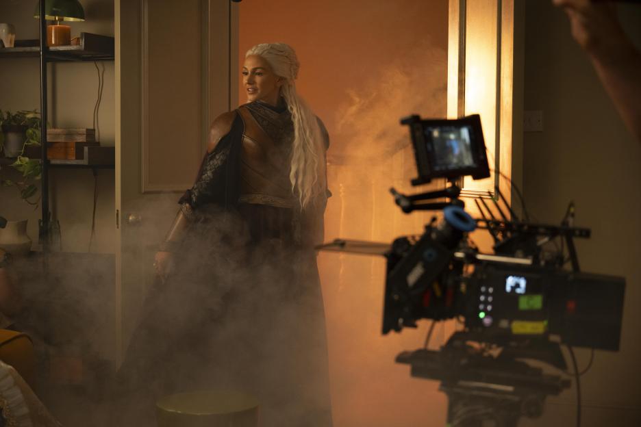 Michelle Keegan dressed as a Dragon Queen, on set during filming.