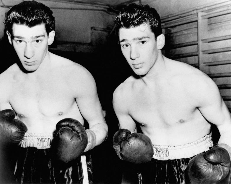 Black and white photo of the Kray twins during their amateur boxing careers.