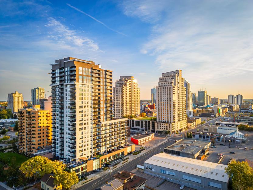 Aerial view of London, Ontario's downtown skyline at dawn.
