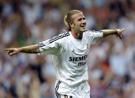 David Beckham celebrating a goal for Real Madrid.