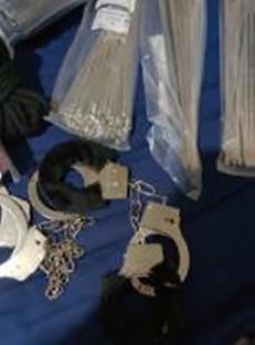 Handcuffs presented as evidence in a court case.