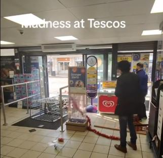 A Tesco store in disarray after an incident.